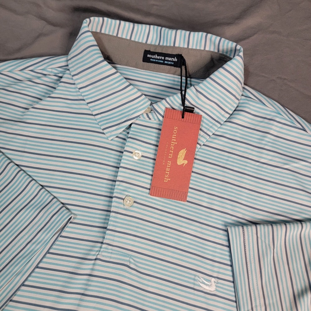 New Southern Marsh Polo Shirt Men's 2XL Performance Stretch Blue Stripe Oakwood